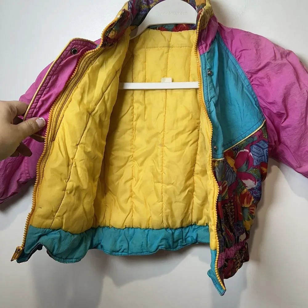 Vintage Kids Puffer Jacket Pink Teal Colorblock Retro 80s 90s Bomber‎ Coat
